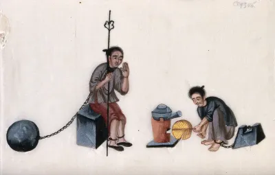 Two Chinese prisoners, shackled to large weights: one prisoner sits on a bench tea, while the other fans the flames of a small furnace