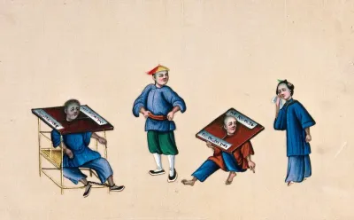 Two Chinese prisoners with their necks enclosed in stocks known as the 'cangue', watched by a guard and a weeping woman
