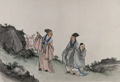 Two Chinese sages, with an assistant in a garden