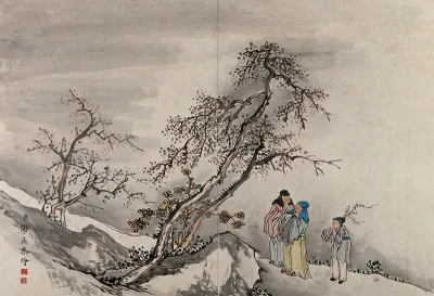 Two Chinese sages, with an assistant in front of a tall tree