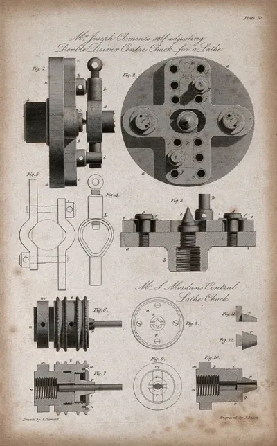 Two chuck mechanisms for an engineer's lathe: elevations, cross-section, and details