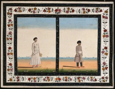 Two cloth-sellers (?), each carrying a stick and a pair of scissors