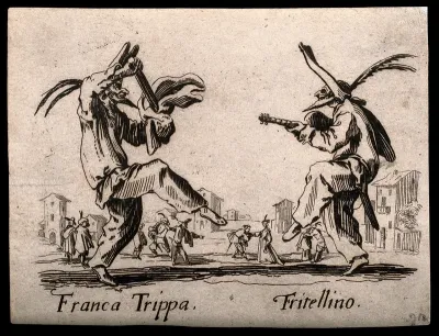 Two Commedia dell'arte street musicians performing together