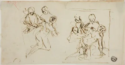 Two Composition Sketches of Collapsing Figure Supported by Two Other Figures (recto); Compositional Sketch of Kneeling Figure Accompanied by Two Other Figures