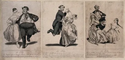 Two couples are dancing the polka and two children are following the same steps watched by their elders