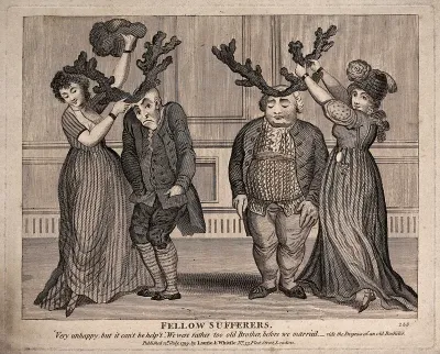 Two couples: the young women putting antlers on to the heads of the older men, indicating their cuckoldry