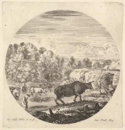 Two cows in center, followed by two peasant women and other cows in the river to left, from "Six Animal Subjects" (Six Sujets d'Animaux)