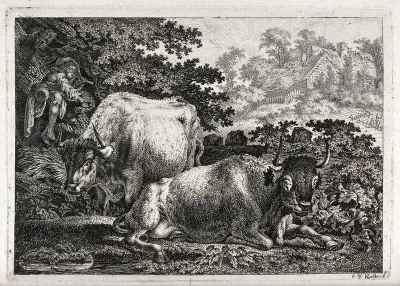 Two cows resting by a woodland pool as a boy pipes in the tree above