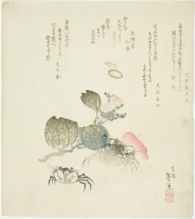 Two crabs by a spray of camellia