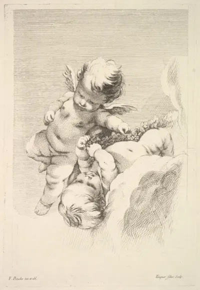 Two Cupids, One Holding a Wreath