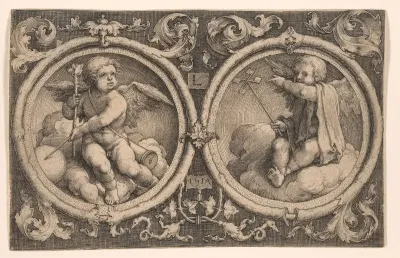 Two Cupids Seated on Clouds