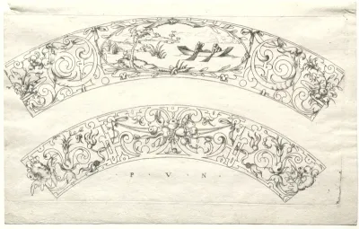 Two curved strips with fisherman and flowers
