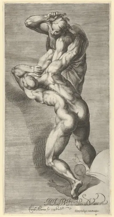 Two damned souls fighting, after Michelangelo's "The Last Judgment" fresco in the Sistine Chapel