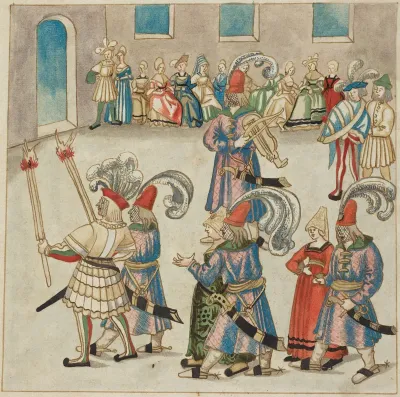 Two Dancing Couples Led by Torch-bearing Knights