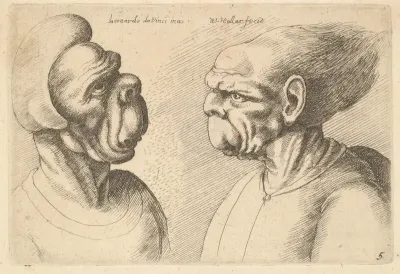 Two deformed heads facing inwards