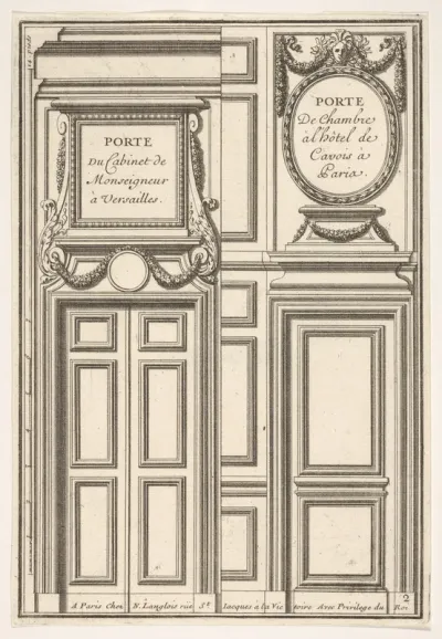 Two Designs for Doors, one at Versailles and one at the Hotel Cavois in Paris, plate II from "Portes a Placard et Lambris'"