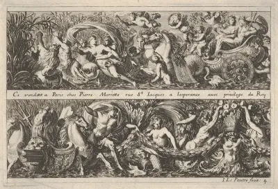 Two Designs for Frieze Decorations with Sea Creatures, of which one features Neptune and Amphitrite, from "Frises, feuillages ou tritons marins antiques et modernes"