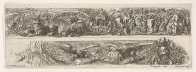 Two Designs for Friezes or Consoles characterized by Armorial Trophies, plate 6 from "Decorative friezes and foliage" (Ornamenti di fregi e fogliami)
