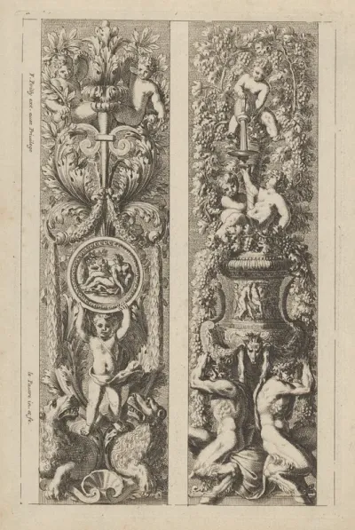 Two Designs for Panels with Candelabra Decorations, from "Montants d'ornement"