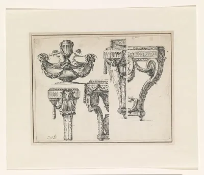 Two designs for tables, stands, a vase and a bowl on a stand