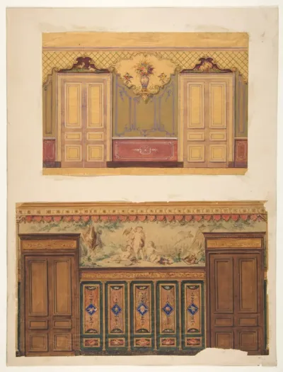 Two Designs for the decoration of walls pierced by pairs of double doors
