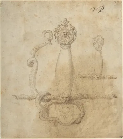 Two Designs for the Hilt of a Sword (recto); Two Designs for Helmets (verso)