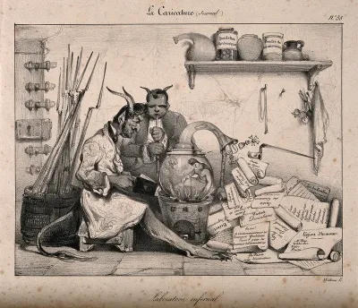 Two devils in a laboratory produce statutes with the help of a genie; showing the repressive nature of the government of France under Louis-Philippe, especially concerning the freedom of the press