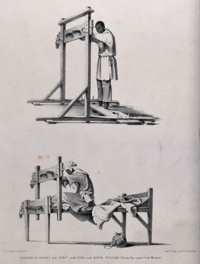 Two different types of stocks: the above confines the hands and feet of the culprit standing upright; the model below confines the hands and feet while the culprit is seated