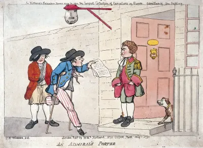 Two disabled veteran sailors, employed by an admiral as messengers, delivering a letter to the servant at the front door of a town-house