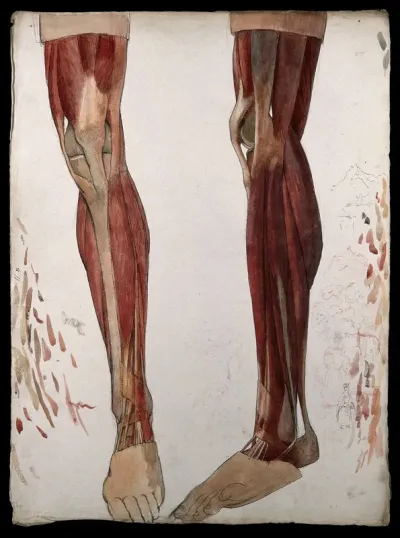 Two dissections showing the muscles of the leg, with marginal sketches including depictions of mountains and a woman in rural costume