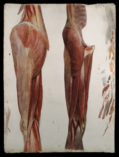 Two dissections showing the muscles of the thigh, hip, pelvis and knee