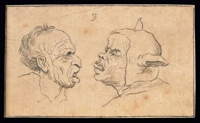 Two distorted faces with protruding tongues, expressing ugly characters according to the physiognomist Lavater