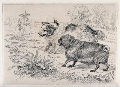 Two dogs (a King Charles spaniel (?) and a pug dog) in a park; in the background two fashionably dressed women with parasols are in conversation; trees and deer are visible in the distance