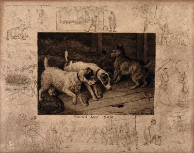 Two dogs stare attentively at a hole in the haybarn's floorboards while another dog is watching the hay; vignettes show fairground attractions and humorous scenes