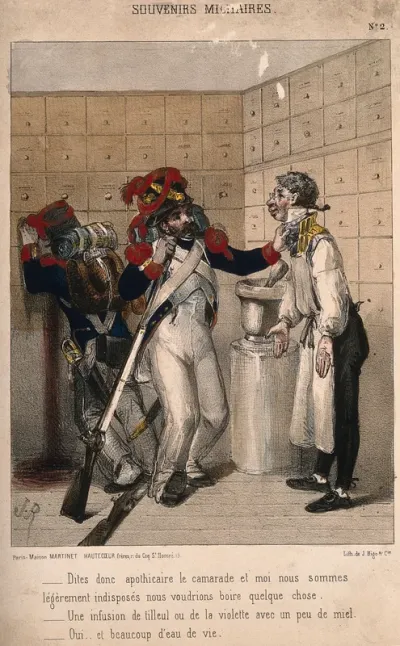 Two drunken soldiers ask an apothecary for some 'eau de vie' - some brandy