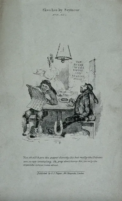 Two dustmen are sitting at a table in a coffee house: one is reading parliamentary reports in the newspaper supplied by the establishment while the other waits patiently to read it for its scientific announcements