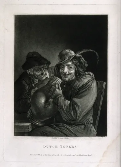 Two Dutch topers clasping a beer jug and smoking