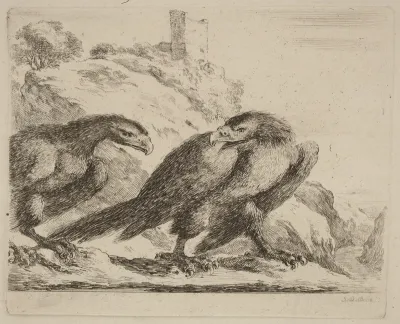 Two Eagles with Tower in Background