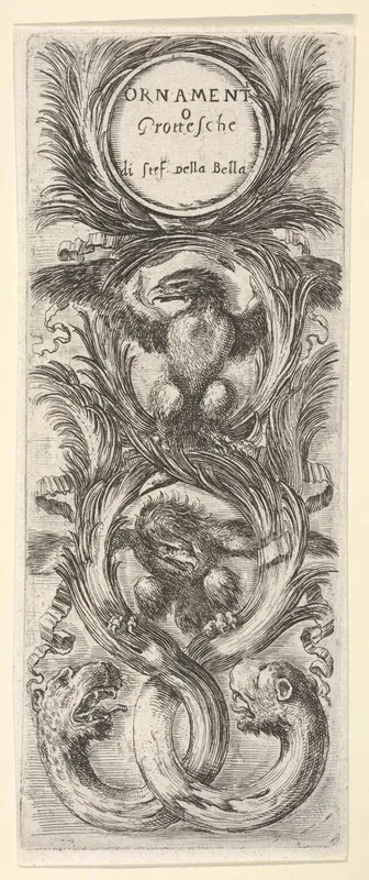 Two eagles with wings spread, below two leopard heads attached to tree trunks that form three circles, from "Ornaments or Grotesques" (Ornamenti o Grottesche)