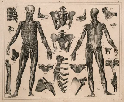 Two écorché figures, with details of miscellaneous bones and muscles: twenty figures