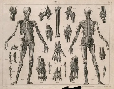 Two écorché figures, with details of miscellaneous bones and muscles: twenty-one figures