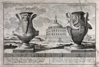 Two Egyptian porphyritic vases, one decorated with a satyr and snakes, the other with hieroglyphs and birdsheads; representing the succession of time and eternity