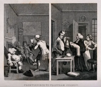 Two episodes in Tristram Shandy: (left) four figures smoking and relaxing in Shandy Hall; (right) the baptism of Tristram