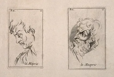 Two faces expressing scorn, one (left) in outline