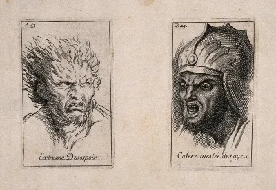 Two faces: one expressing extreme despair (left), the other anger mixed with rage (right)