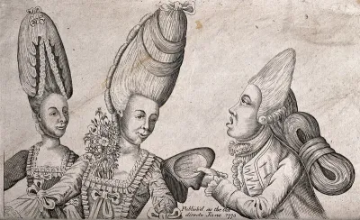 Two fashionable women who wear extremely high wigs; to the right a gentleman greets them by taking his hat off