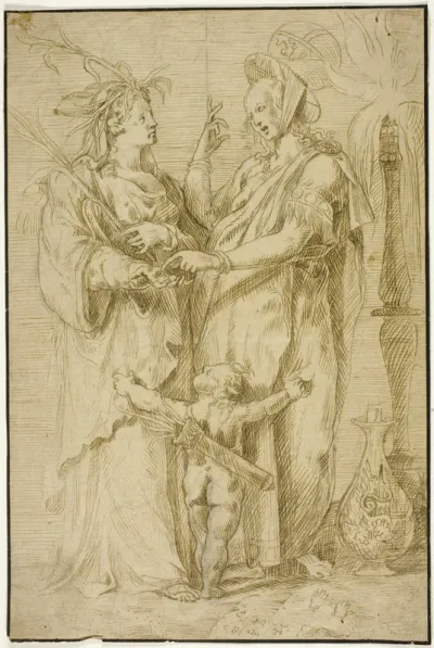Two Female Allegorical Figures with Cupid