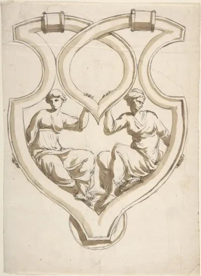 Two Female Figures in Interlaced Cartouche Design for Door Knocker
