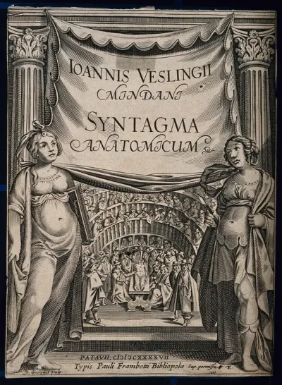 Two female figures standing on either side of drapery bearing the title of Vesling's Syntagma anatomicum: beyond, the anatomy theatre of the University of Padua