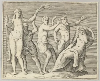 Two Figures, a Faun, and a Satyr approach a Recliniing Woman, from "Ex Antiquis Cameorum et Gemmae Delineata/ Liber Secundus/et ab Enea Vico Parmen Incis"
